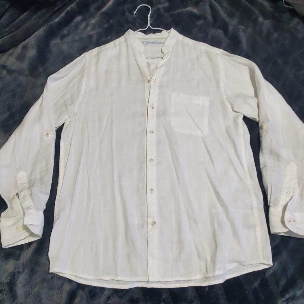 Caribbean Men's White Button-Down Linen Shirt